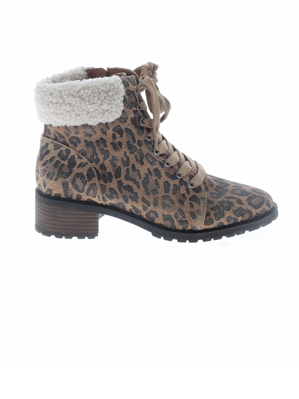 Lucky Brand Leopard Print Lace-Up Ankle Boots with Sherpa Collar - Tan/Black
